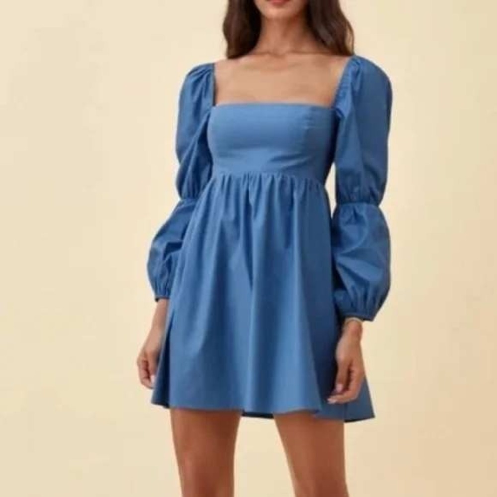 Reformation Mini Dress Womens‎ 14 Blue Puff Sleeve Square Neck Organic Cotton